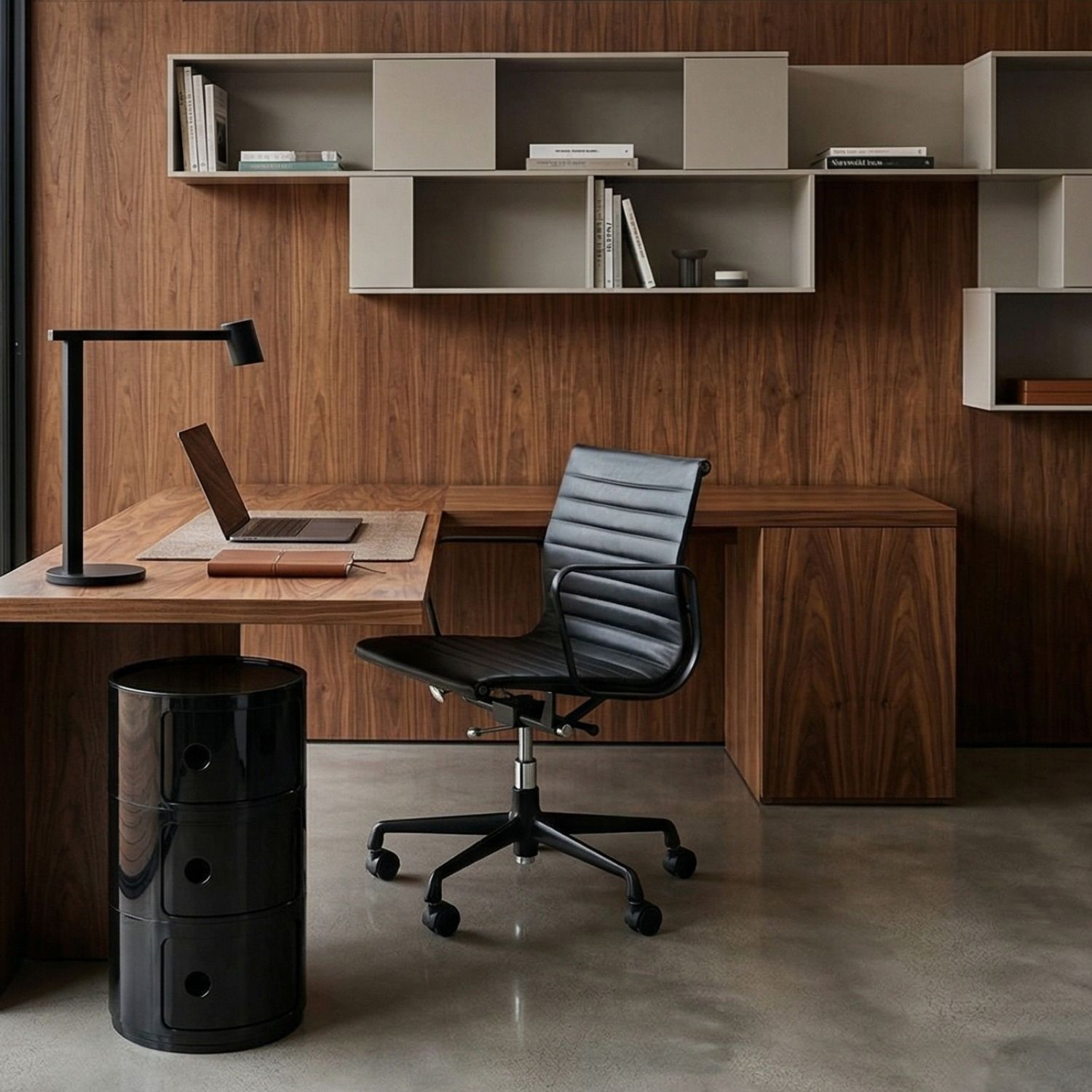 Black Replica Componibili used for sleek storage in a modern home office setting.