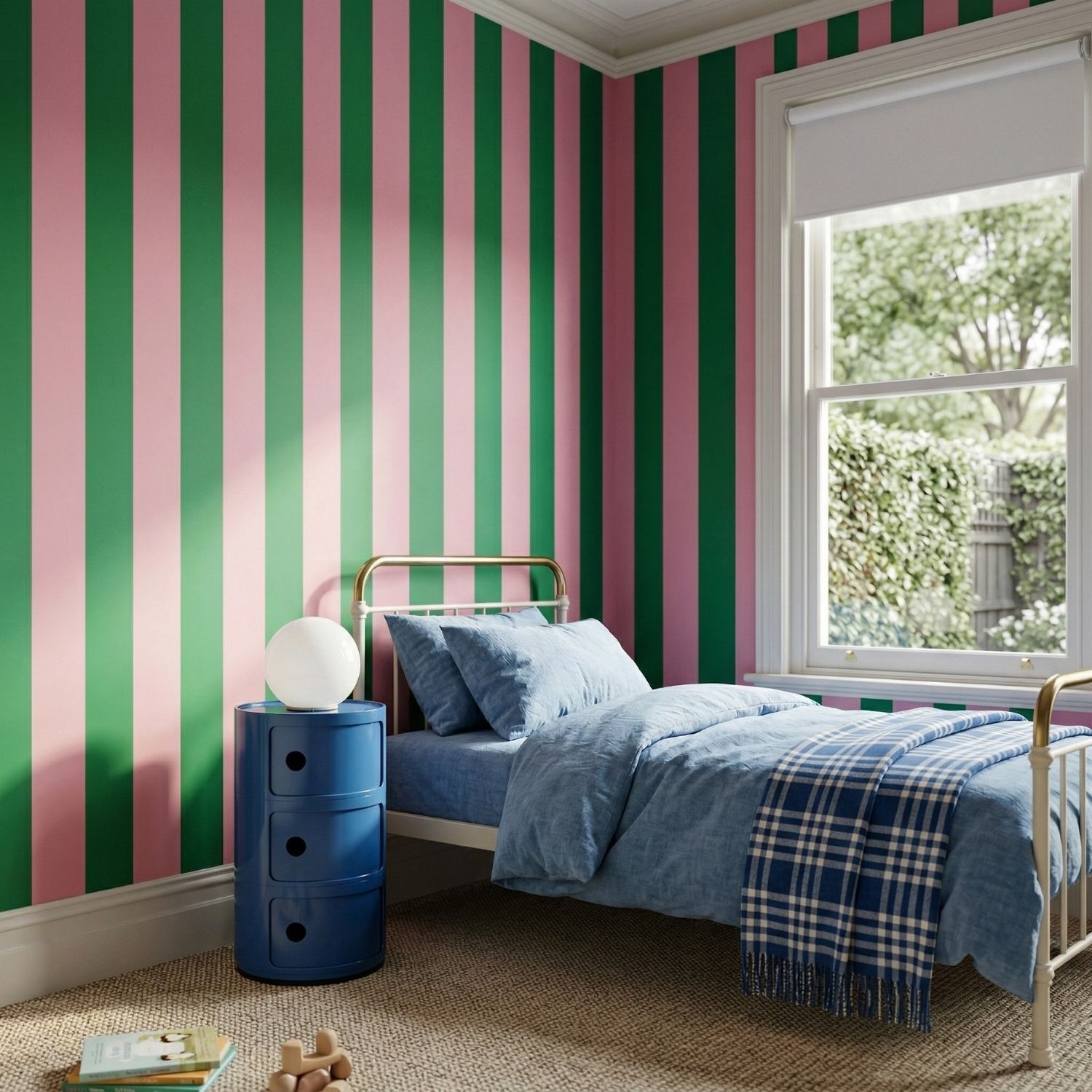 Blue Replica Componibili used as a playful bedside table in a bright kids bedroom.