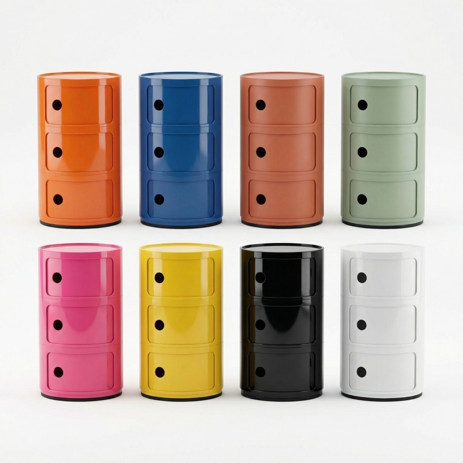 The Replica Componibili 3 Tier storage unit showcased in 8 vibrant and classic colourways in a studio setting.