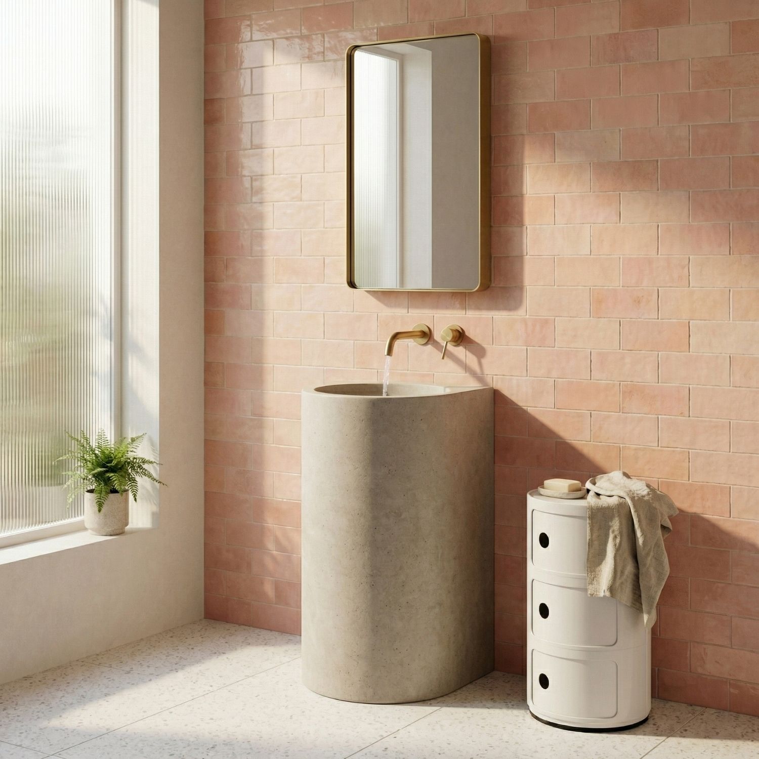 White Replica Componibili 3 Tier used for sleek, moisture-resistant bathroom storage against blush tiles.