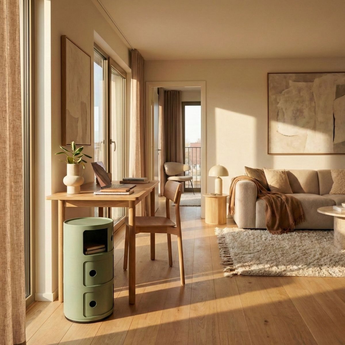 Sage Green Replica Componibili acting as a stylish side table in a study nook.