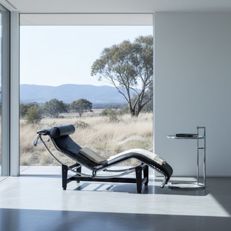Modern living room featuring the Replica Le Corbusier LC4 Chaise Longue and Replica Eileen Gray Table, highlighting the chrome furniture trend.