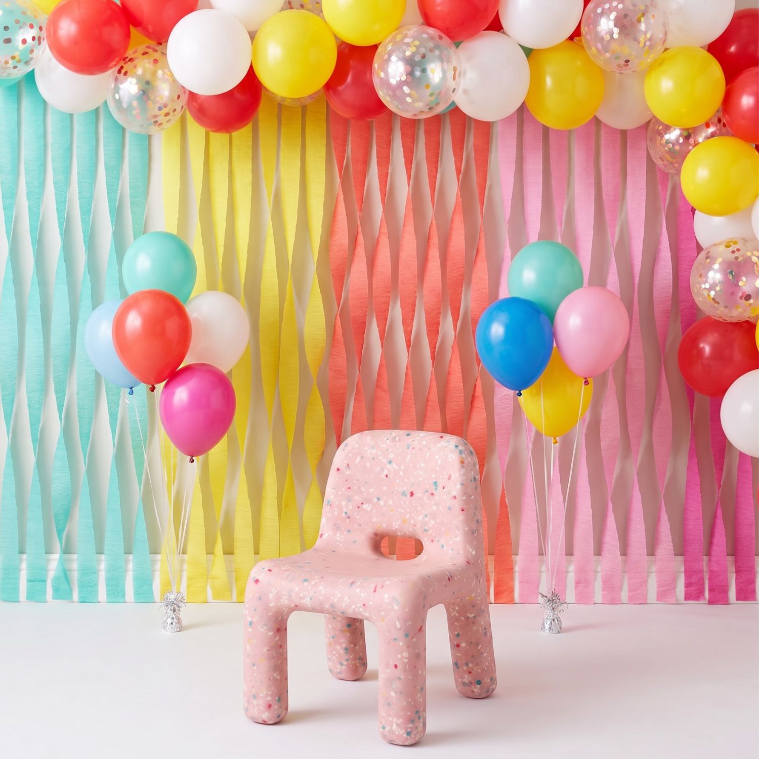Blush pink recycled plastic kids confetti chair against a vibrant party background.