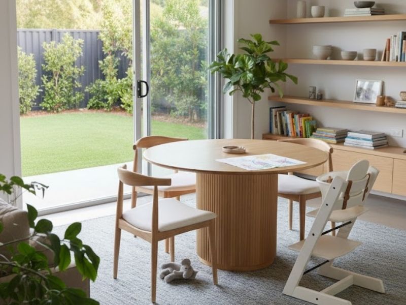 Bright family dining area with durable round table and easy-clean chairs, styled for modern Australian living.
