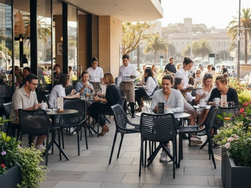 Bustling outdoor cafe setting featuring durable black Replica Ozone Chairs and tables, illustrating high-traffic suitability.