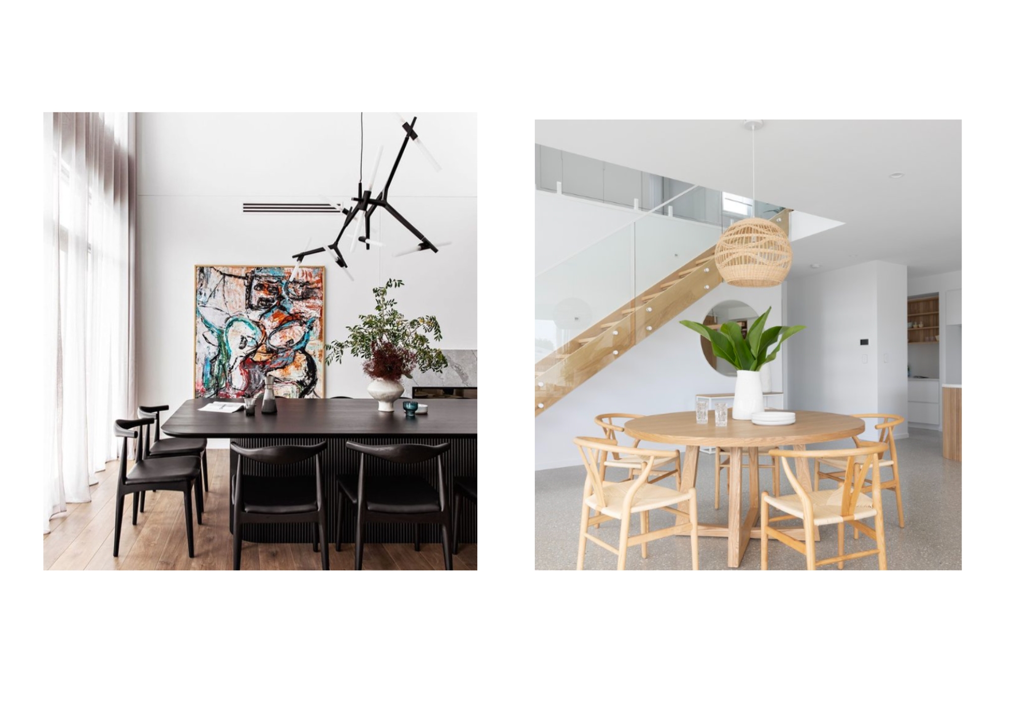 Collage featuring two modern dining room settings: one with dark designer chairs and a large artwork, the other with light wooden chairs and a round table.