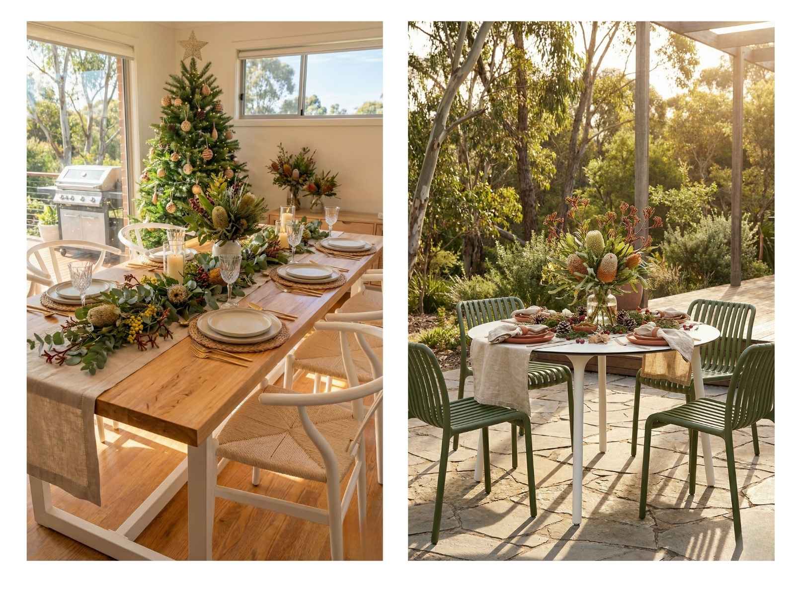 Split image featuring a festive indoor Svea Timber Table with Replica Wishbone Chairs and an outdoor Maya Table with Green Bordeaux Chairs, both available for pre-Christmas delivery.