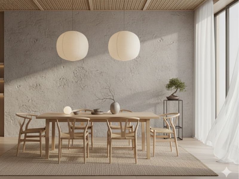 Bright Australian dining room featuring a light timber dining table and Wishbone chairs, embodying the Japandi aesthetic.