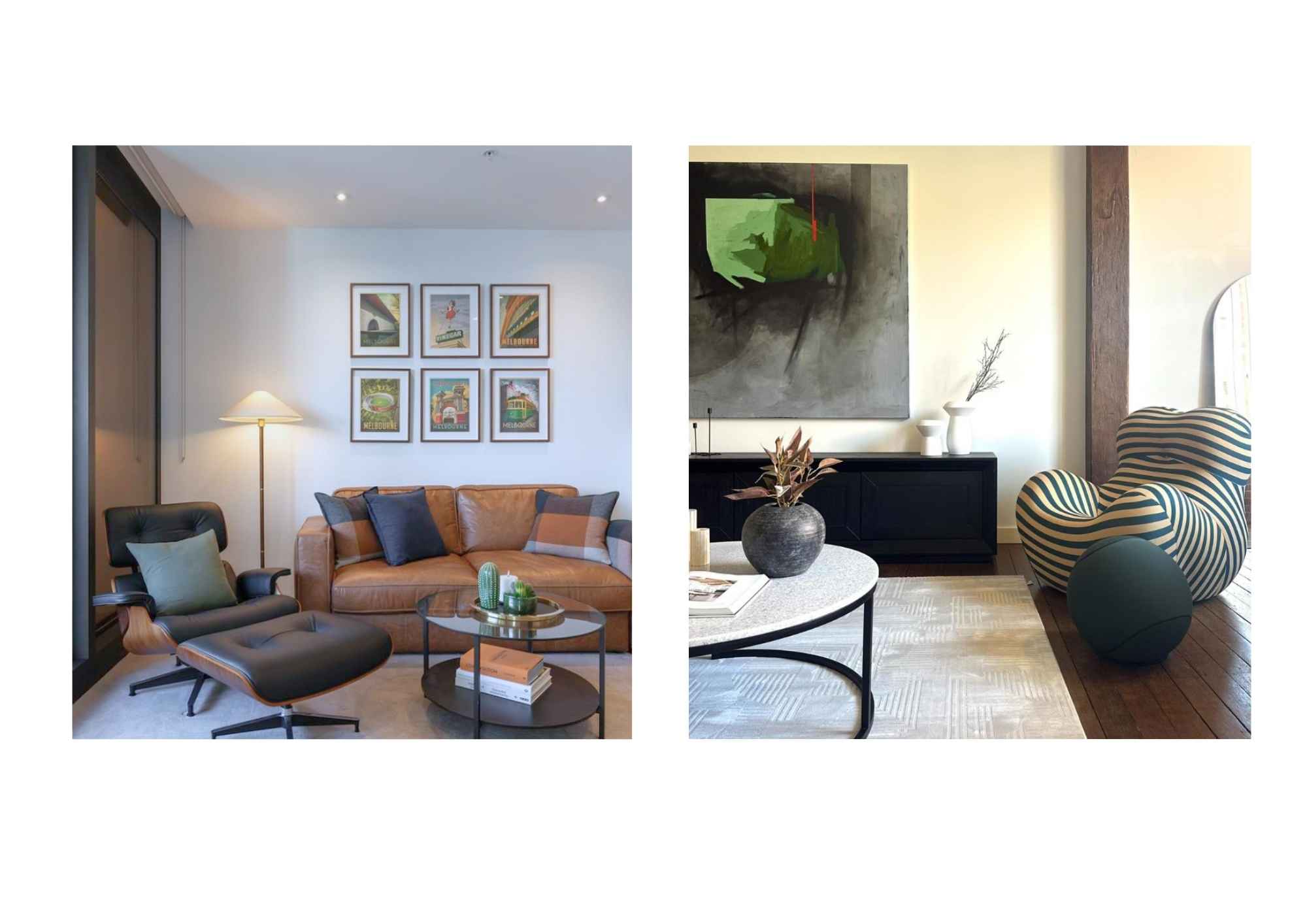 Split image: Tan leather sofa and black leather Replica Charles Eames Lounge, compared with a striped fabric designer lounge chair.