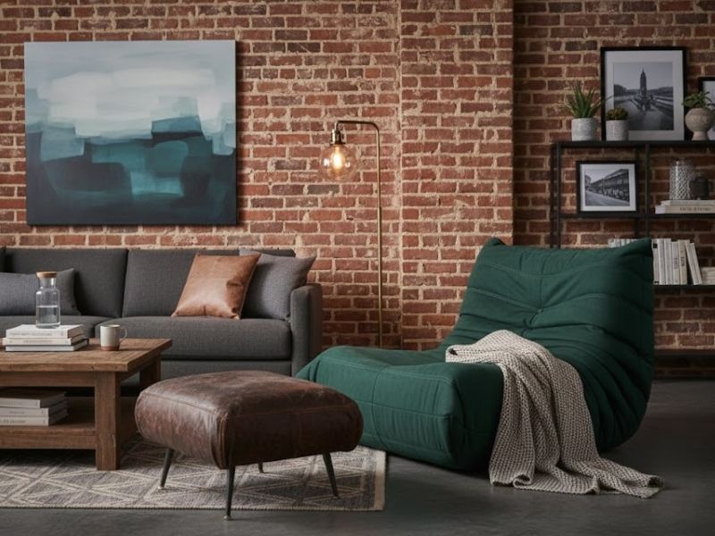 Industrial-chic Melbourne living room featuring a Replica Togo Sofa and exposed brick walls.