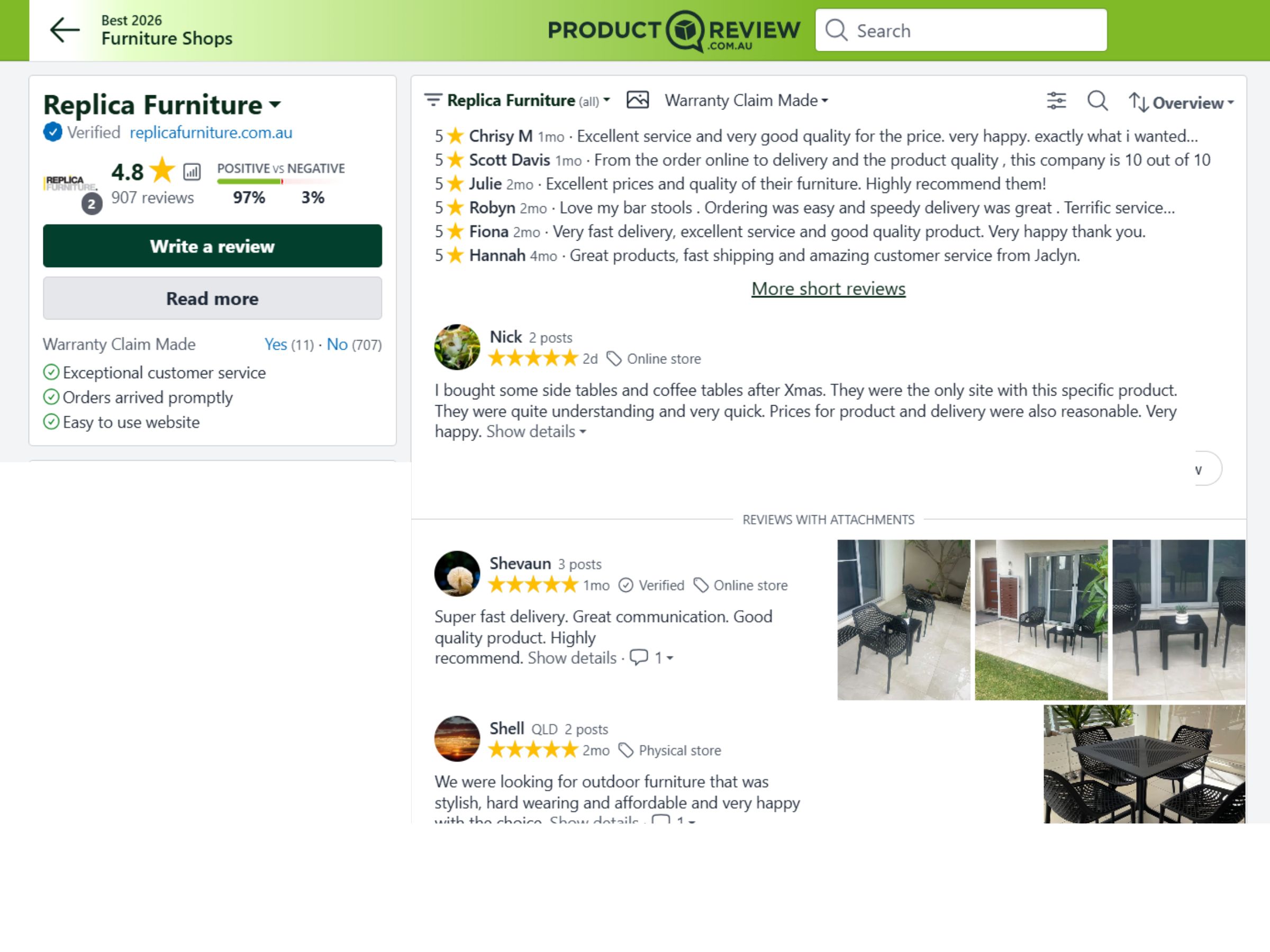 Graphic showing the official 4.8 Star Customer Rating for Replica Furniture on Google and ProductReview.com.au.