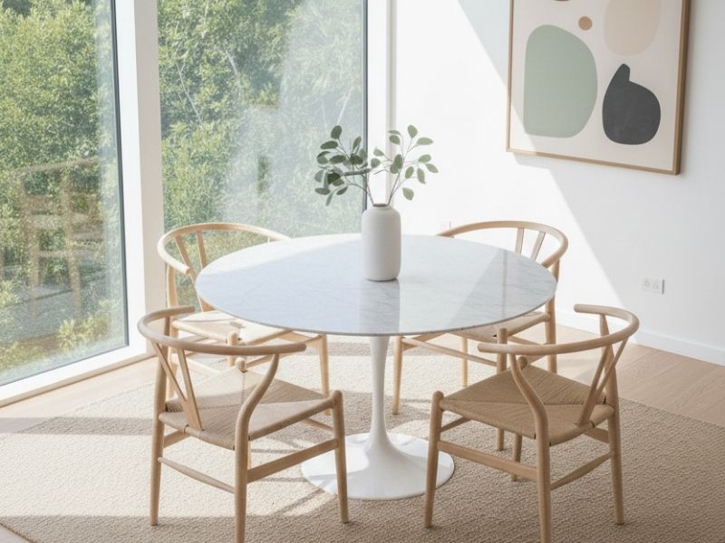 Elegant Replica Eero Saarinen Marble Tulip Dining Table (120cm) in a light-filled modern Australian dining room.