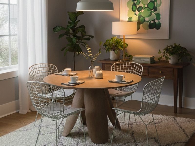 A stylish dining room featuring the Replica Peyote table surrounded by Replica Harry Bertoia wire chairs 