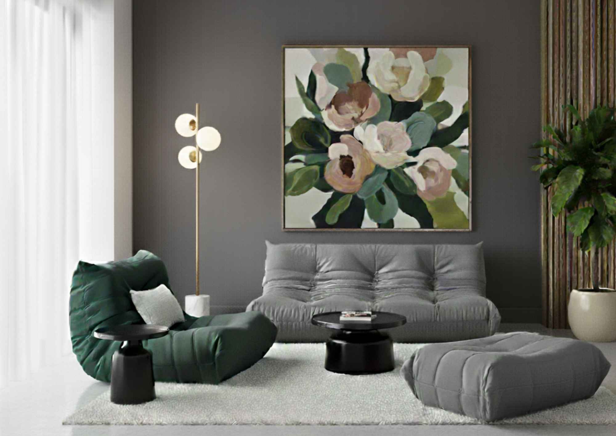 Low-profile Replica Togo 3-Seater Sofa and Lounge Chair in a grey and green modular living room setup.