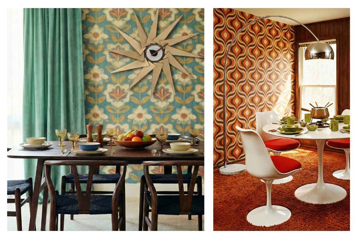 Visual comparison of 1950s Mid-Century timber furniture and 1960s-70s retro dining chairs, including the Replica Tulip Chair.