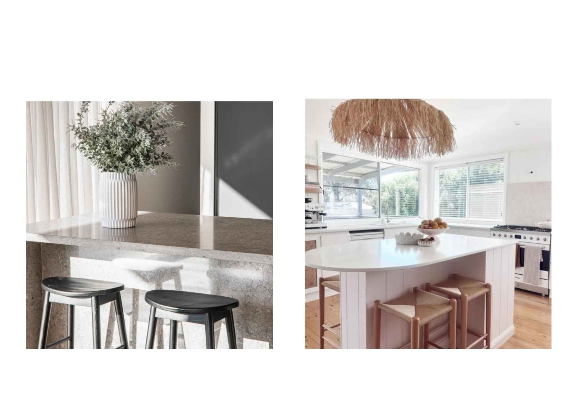 White kitchen island with woven-seat timber Scandinavian bar stools and a natural pendant light.