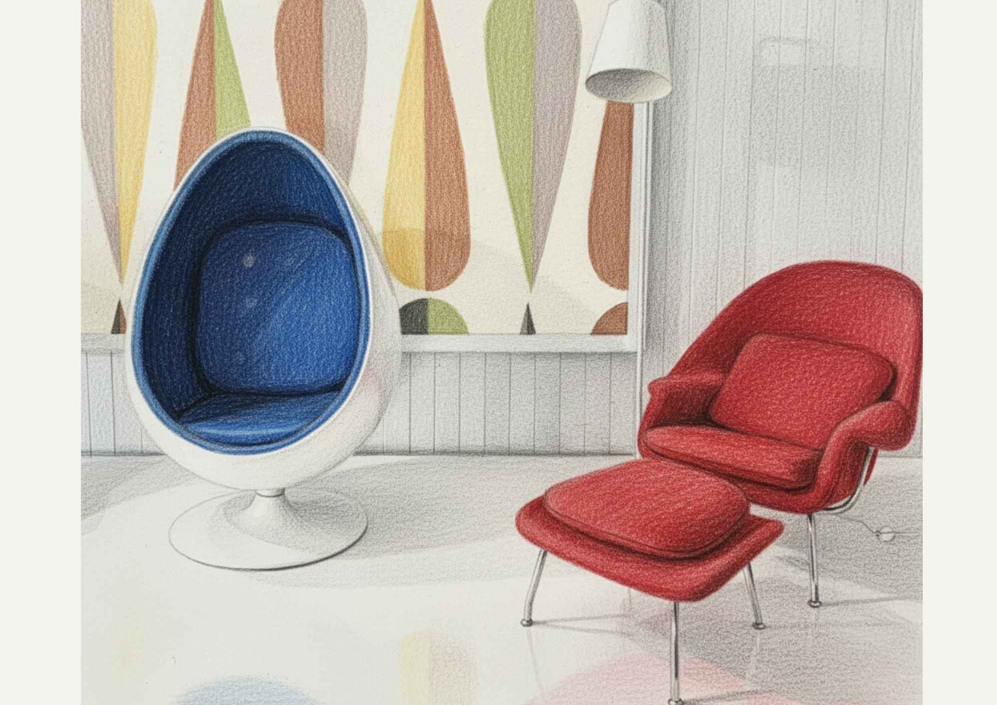 Sketch of two iconic designs: Replica Ovalia Chair and Replica Womb Lounge Chair and Ottoman, highlighting mid-century aesthetics.