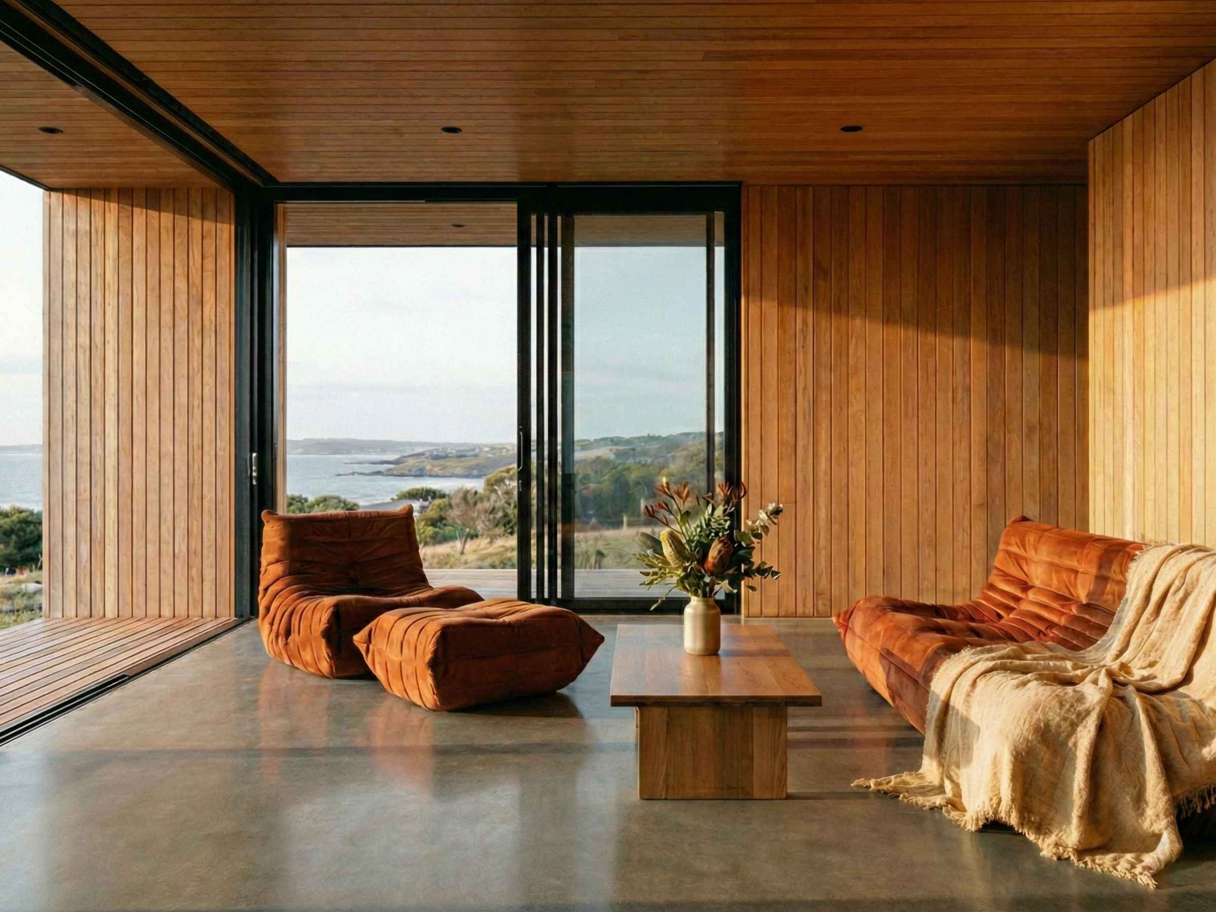 Modern Soft Minimalist living room featuring a curved Replica Togo Sofa and matching Replica Togo Ottoman.