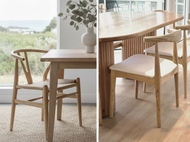 Comparison of iconic timber designs: Replica Hans Wegner Wishbone Chair and Replica Hand Wegner CH20 Elbow Chair in modern dining settings.