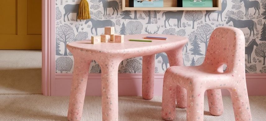 Blush pink kids confetti chairs made from sustainable recycled plastic styled inside a modern bright Queensland architectural home setting.