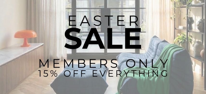 EASTER SALE MEMBERS ONLY 15% OFF EVERYTHING - Faded lifestyle background featuring Replica Togo Chairs and Replica Nesso Table Lamp