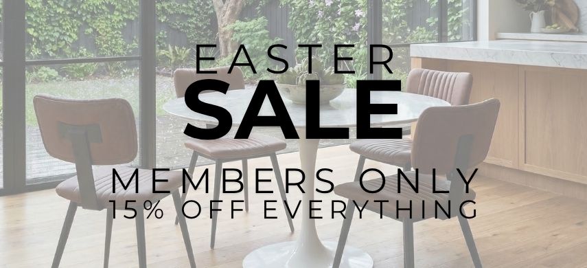EASTER SALE MEMBERS ONLY 15% OFF EVERYTHING - Faded lifestyle background featuring the Vintage Brown Tom Chair in Vegan Leather