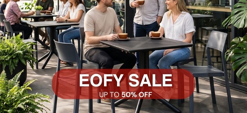 EOFY Sale: Grey Plank outdoor plastic chairs paired with an 80cm square black Ozone outdoor table in a sunny outdoor cafe scene. Up to 50% off.