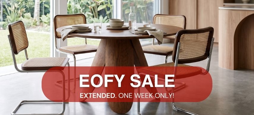Replica Cesca Cane Dining Chairs around a round walnut Replica Peyote Dining Table in a modern Queensland home. EOFY Sale Extended.