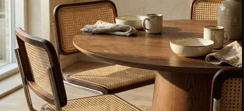 The iconic Replica Cesca Chair featuring a woven rattan seat and chrome tubular steel frame in a modern dining setting