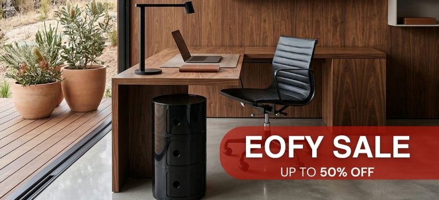 EOFY Sale: Replica Componibili storage unit and a premium black leather Replica Charles Eames low back office chair in a home office scene. Up to 50% off.