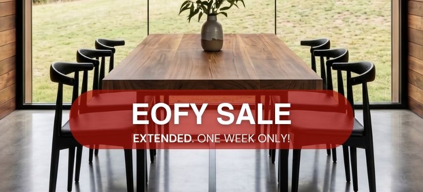Black Replica Hans Wegner Elbow Chairs around a Svea Walnut 200cm Dining Table in a modern home. EOFY Sale Extended.