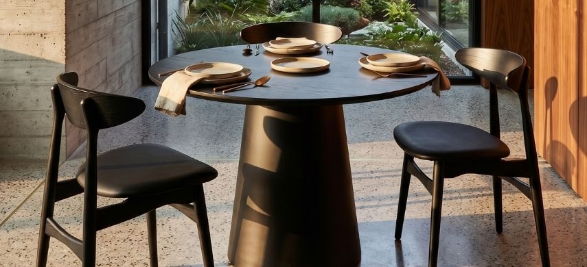 A beautifully styled dining room featuring the sculptural mid-century Replica Moon Table