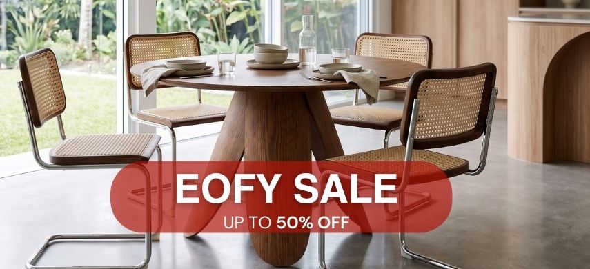 EOFY Sale: Round walnut replica Peyote dining table paired with four replica Cesca chairs in a modern lifestyle dining room setting. Up to 50% off.