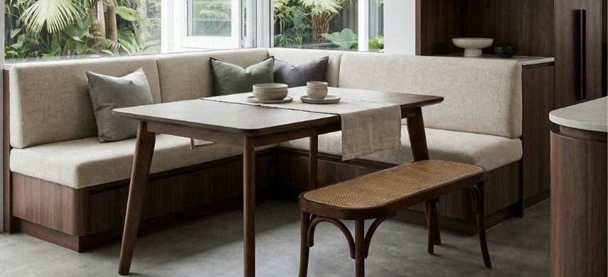 The Replica Scandinavian Walnut Dining Table showcasing rich, warm wood grain in a contemporary Australian dining space