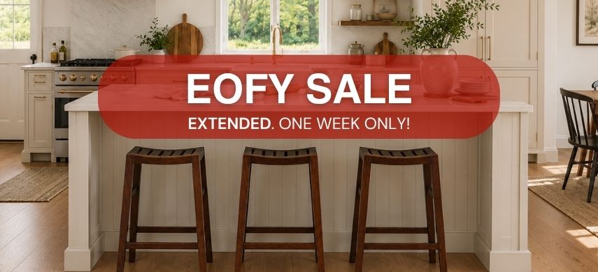 Tribecca Solid Timber Walnut Kitchen Stools at a Hamptons style island bench. EOFY Sale Extended.