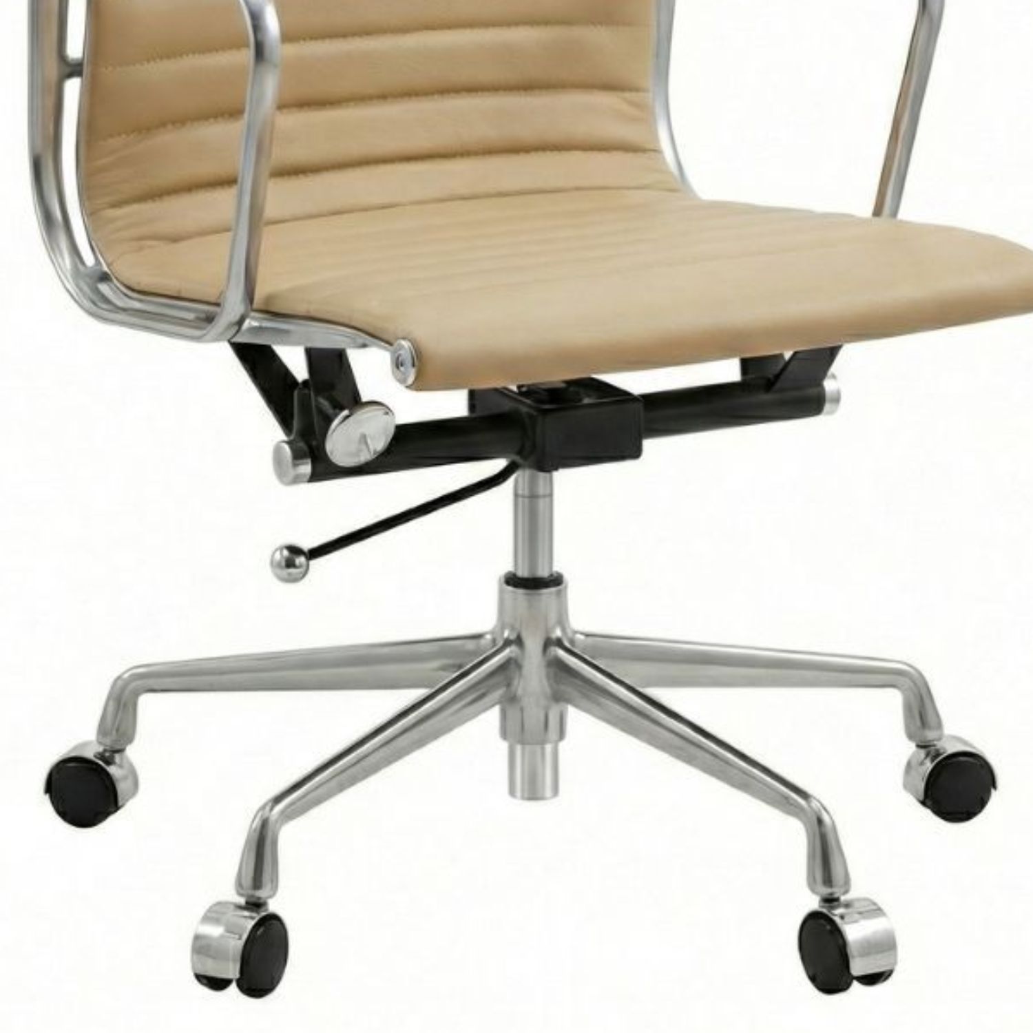 Close-up of the genuine Italian leather texture, the polished aluminum frame, and the gas-lift mechanism. Detailed view of the luxurious Italian leather and ergonomic adjustments on the Replica Charles Eames Soft Pad Office Chair.