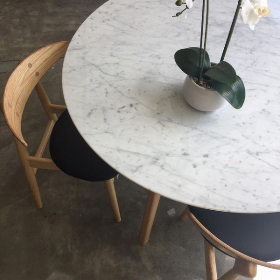 Alfa Round Marble Dining Table 120cm styled with Replica Hans Wegner CH33 Timber Dining Chair Natural Timber Four Leg Dining Table, with 120cm Round White Marble Tabletop