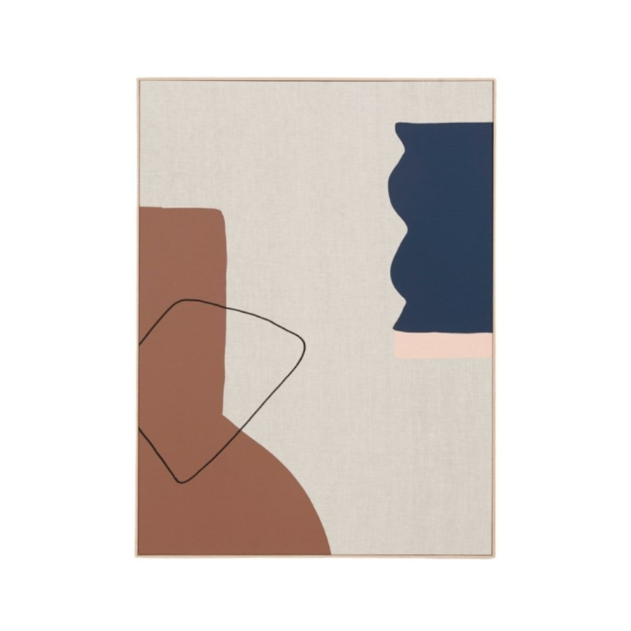 Arles Toffee 1 Framed Screen Print Arles Toffee number 1 Abstract print with block colours of toffee, navy, and dusk on a natural Linen Fabric with Timber Frame