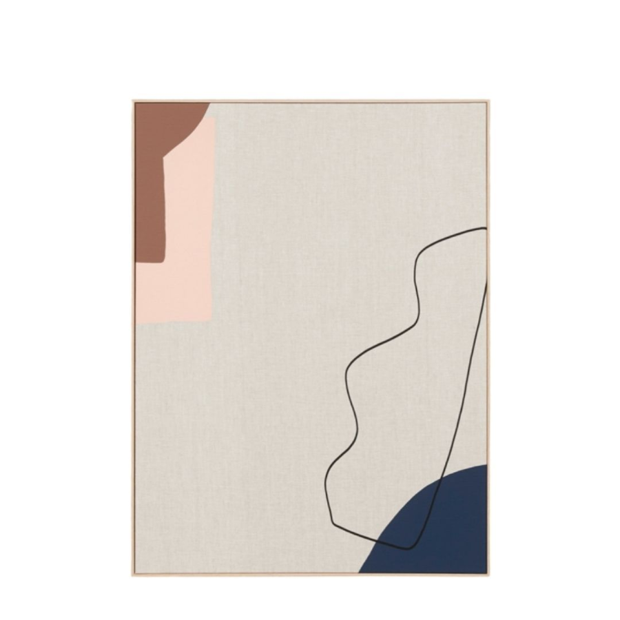 Arles Toffee number 2 Abstract print with block colours of toffee, navy, and dusk on a natural Linen Fabric with Timber Frame