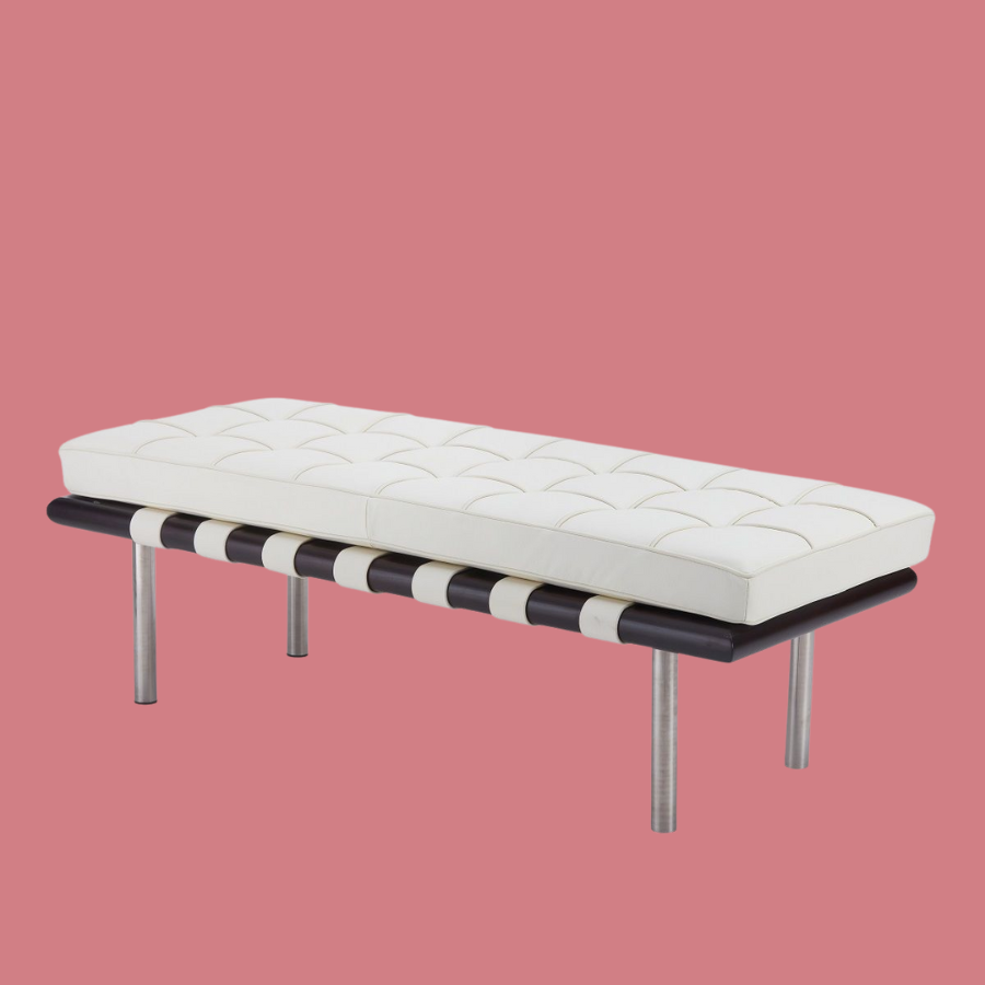 Replica Barcelona Bench White Italian Leather Handcrafted wooden frame and Stainless-steel legs, White Italian Leather cushion, piping and straps, with a high-density foam insert and tufted button detailing.