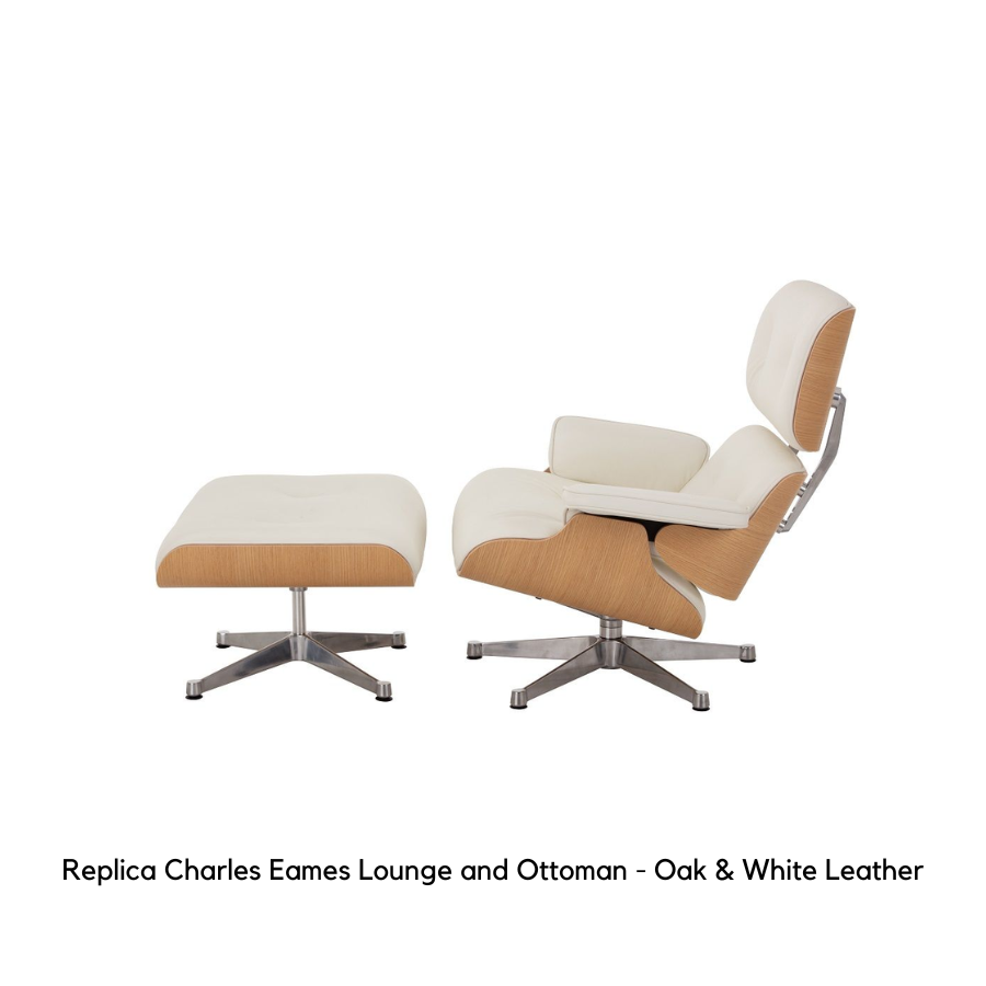 Replica Charles Eames Lounge and Ottoman White Italian Leather and Oak Frame