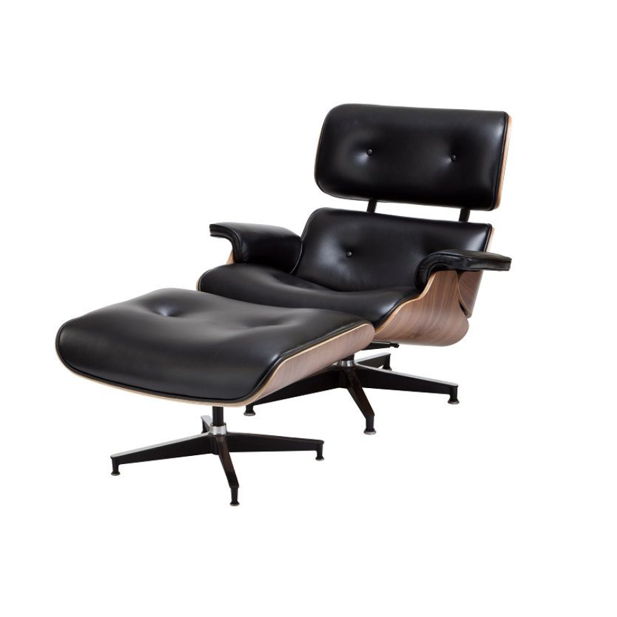 Black Leather and Walnut Timber Veneer Armchair, with matching Black Leather Ottoman. Reclined design with armrests.