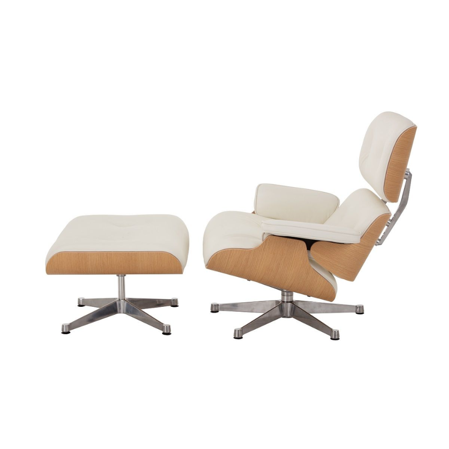 White Leather and Oak Timber Veneer Armchair, with matching White Leather Ottoman. Reclined design with armrests.