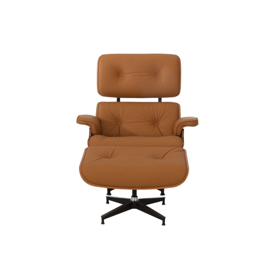 Tan Leather and Walnut Timber Veneer Armchair, with matching Tan Leather Ottoman. Reclined design with armrests.