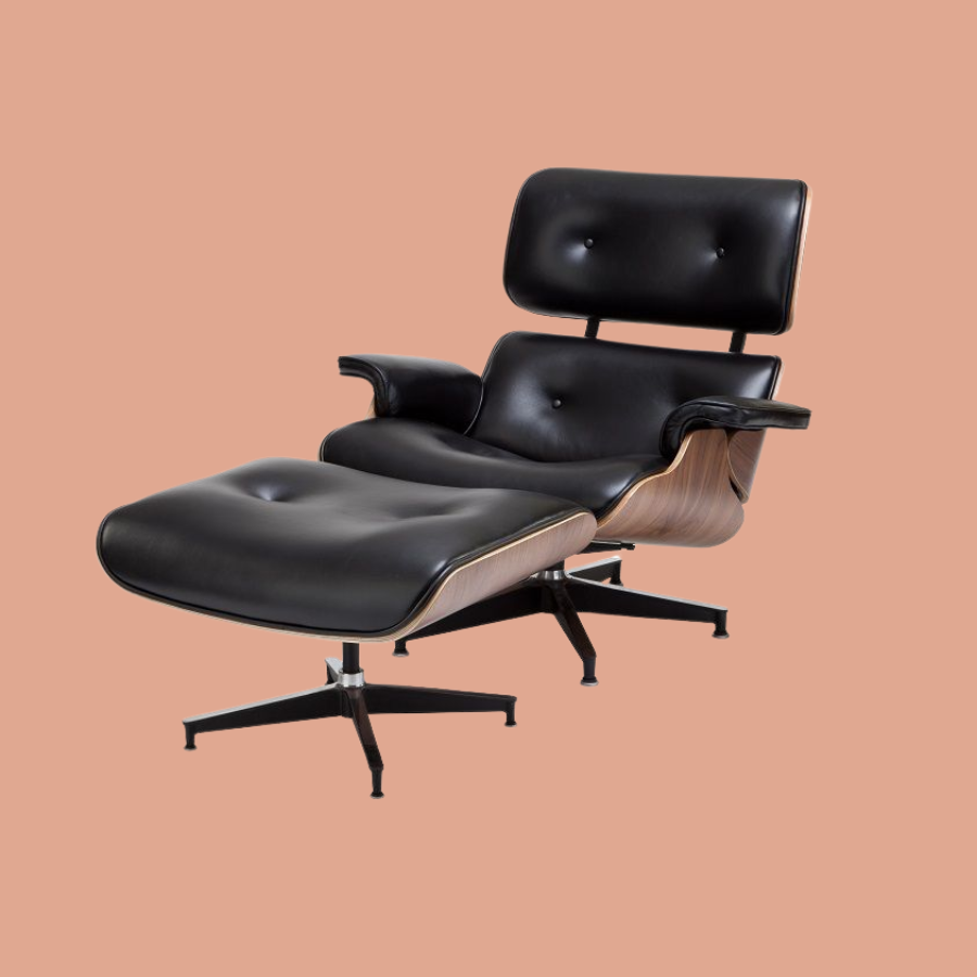 Replica Charles Eames Lounge and Ottoman – Walnut with Black Italian Leather Black Italian Leather Lounge Chair with Leather upholstered armrests, button detailing, and a solid plywood and Walnut veneer shell; with a matching ottoman.