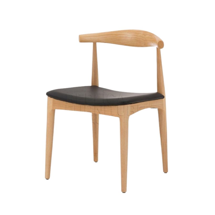 Scandi Style Solid Ash Timber Dining Chair with a Black PU Seat Pad and Steam Bent Curved Back Rest