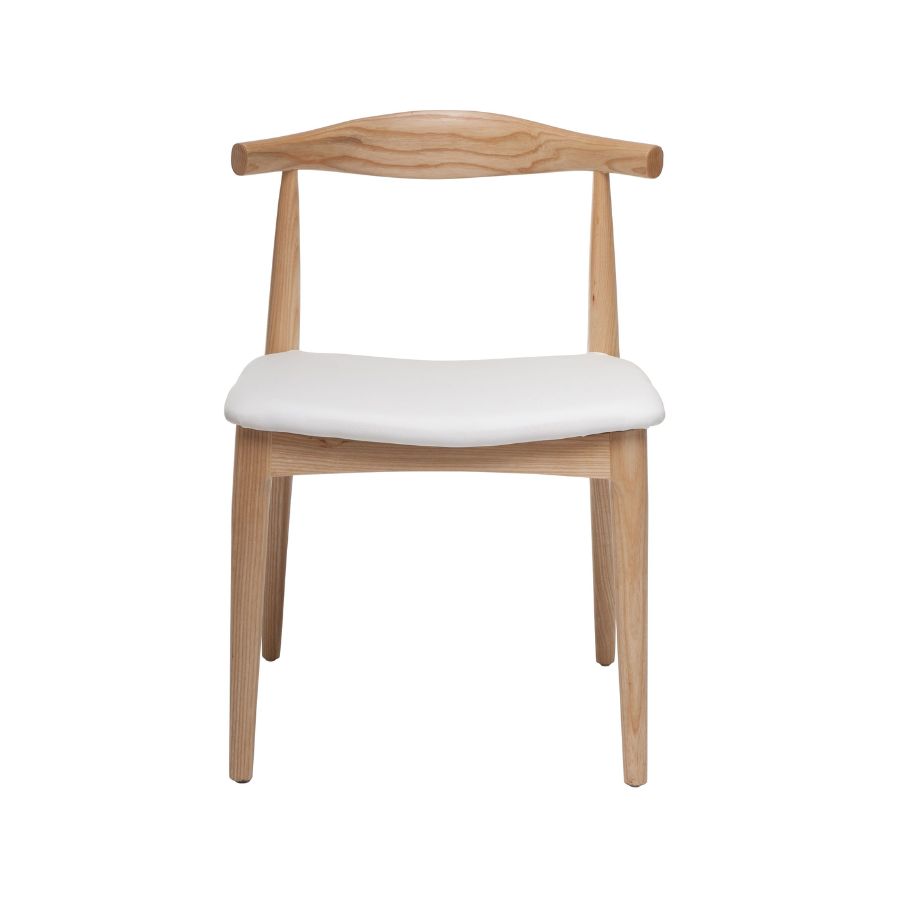 Scandi Style Solid Ash Timber Dining Chair with a White PU Seat Pad and Steam Bent Curved Back Rest