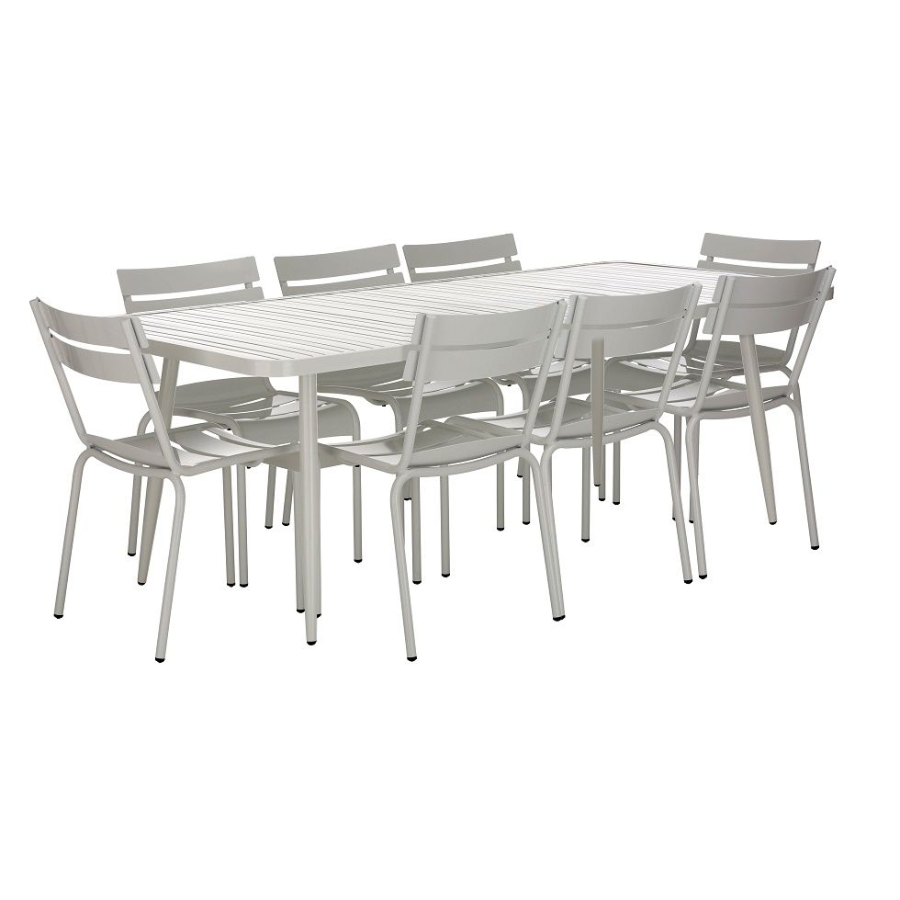 White Aluminium 220cm Outdoor Dining Table with 8 White Aluminium Chairs
