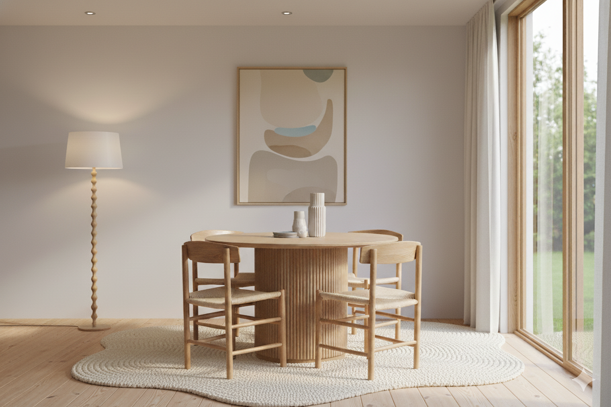 Scandi timber dining table and woven-seat chairs on an organic rug in a minimalist dining room.