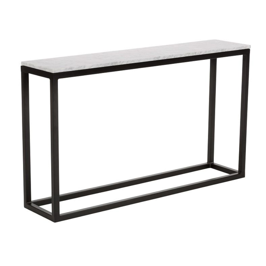 White Marble Tabletop, slim design 130cm long and 30cm wide, set on top of a Black powder coated steel frame